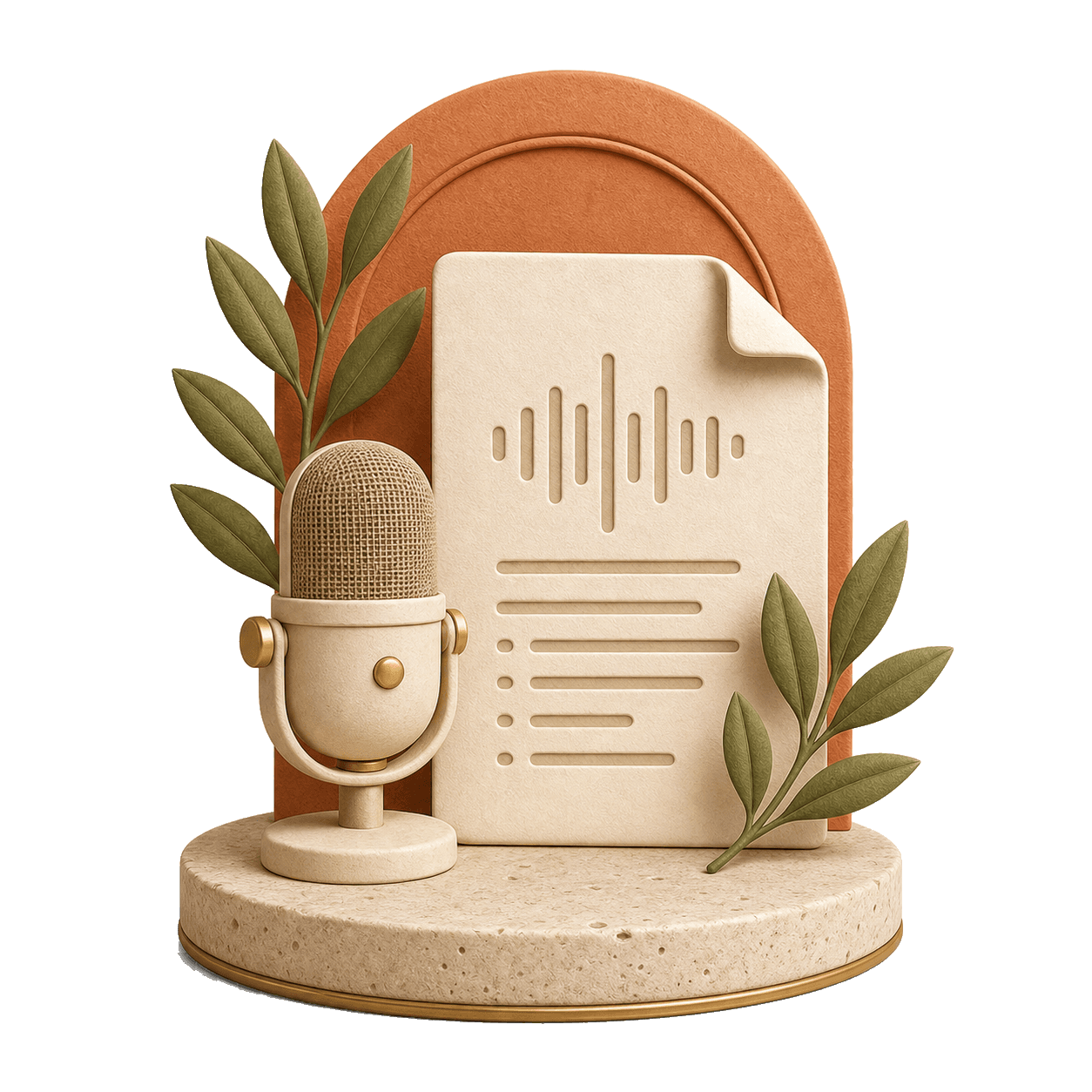 A microphone and a transcript document arranged on a warm terracotta arch